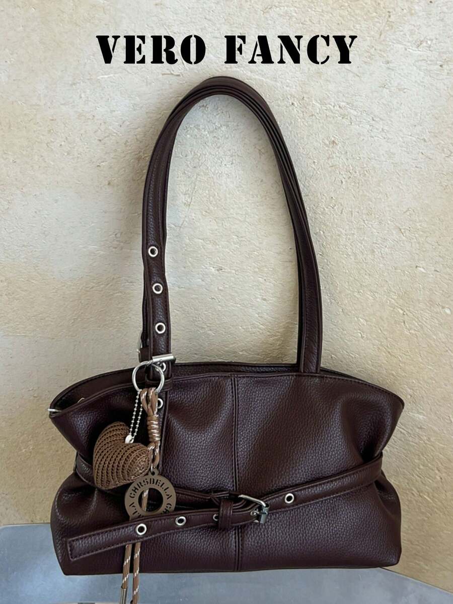 Belt Buckle Decoration Shoulder Tote Bag, Paired With Heart-Shaped Woven Hanging Decoration, Simple Retro, Suitable For Commuting, Daily Travel