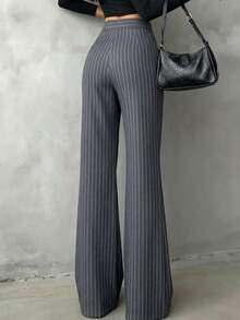 Women's Casual Elegant Straight Leg Pants, Summer Long Pants, Asymmetric V-Neck Waistline Highlights Curves, Suitable For Back To School, Daily Wear, Commuting To Work - Gray Stripes - View 3