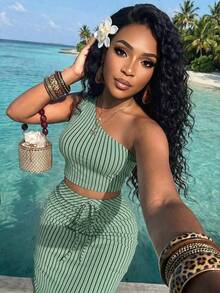 AIJ Women's Green Striped 2 Pieces Set, One-Shoulder Crop Top + Drawstring Ruched Fishtail Long Bodycon Skirt, Suitable For Beach Vacation, Dating, Outing, Party And Holiday Wear - Mint Green - View 1