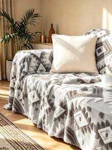 1pc Geometric Pattern Sofa Cover, Bohemian Style Soft Cotton Velvet Rectangular 3D Jacquard Full Coverage Sofa Slipcover, Suitable For Living Room, Homestay, Home Use, All Seasons, Back To School, School Supplies, Dorm Decor, College Decor - Medium Gray - View 9