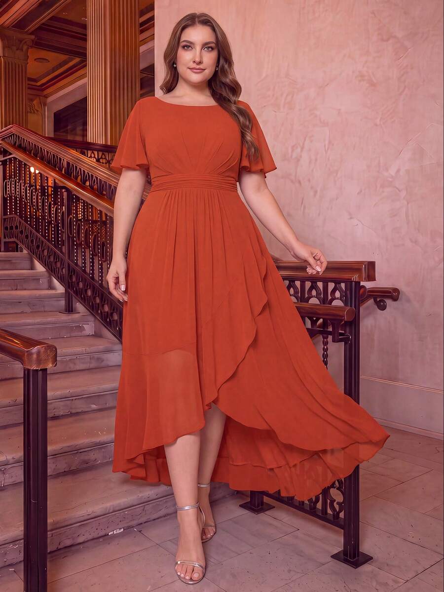 EVERPRETTY Elegant Plus Size Chiffon Bridesmaid Dress For Women, Ruffle Sleeves, Pleated Details, Asymmetrical High-Low Hem, Round Neck Design Party Wedding Fall - Burnt Orange - View 1