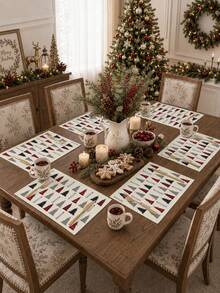 1/4p/6pcs Christmas Table Decor Placemats With Pine Tree Elements, Heat Resistant Faux Linen Polyester Fiber Material, Rectangular Washable Table Mats, Suitable For Home Dinner, Coffee Table, Durable Kitchen And Dining Room Decoration, Party And Scene Decor, Home Decor - Multicolor - View 7