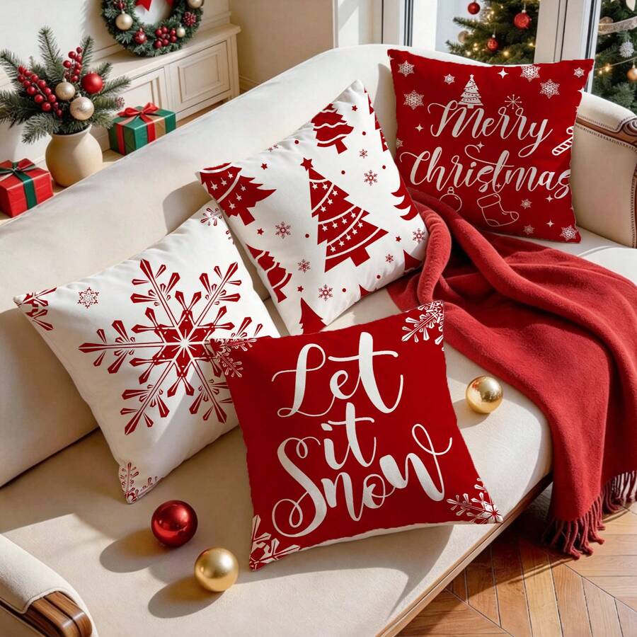 4pcs Christmas Tree & Snowflake Print Pillow Covers, Red & White Color Scheme, Christmas Atmosphere Decorative Cushion Covers, Suitable For Sofa, Bedroom And Other Home Decor (Pillow Insert Not Included) - Multicolor - View 1