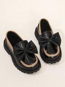 Girls' Shiny Black & Brown Colorblock Loafers, Thick Sole Slip-On Non-Slip Versatile British Style Shoes - Black - View 5