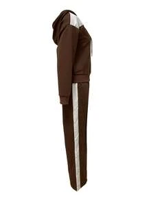 Autumn And Winter Color Blocked Hooded Sweatshirt, Side Striped Straight Leg Pants Set, Travel Casual Daily Suit - Brown - View 3
