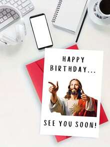 1pc Meme Style Humorous Religious Theme "See You Soon" Birthday Card, Includes Envelope, Thick Matte Writable Paper, Casual Handwritten Font Minimalist Jesus Portrait Design, Suitable For Lighthearted Satirical Celebration Card - Multicolor - View 7