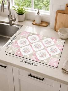 1pc, Vintage Square Pattern Printed Diatomaceous Earth Kitchen Drying Mat, Absorbent Dish Drying Mat, Coffee Machine Mat, Dishwashing Mat, Sink Mat, Kitchen Countertop Protector, Suitable For Cups, Plates, Tableware And Kitchen Decor - Multicolor - View 12