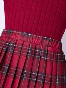 Tween Girls Plaid Skirt Set, Hollow Round Neck Long Sleeve T-Shirt + Pleated Mini Skirt, 2pcs Set, Back To School Christmas Holiday Preppy Style Outfit - Burgundy - View 7