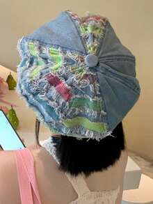 Korean Style Blue Denim Patchwork Washed Distressed Beret Hat For Women, Japanese Style Versatile Octagonal Cap, Flattering Face-Slimming Design - Multicolor - View 2