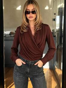 Elegant French Style Contrast Lace Draped Evening Date Spring Autumn Women's Blouse - Rust Brown - View 4