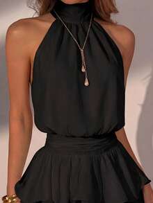 Elegant Fashionable Black Halter Neck Backless Layered Ruffle Mini Dress - Wedding Party Fall - Black - View 4