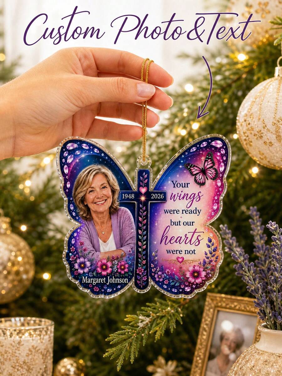 1pc Personalized Memorial Photo Butterfly Ornament, Custom Name & Dates Acrylic Christmas Ornament With Picture, In Memory Of Loved One Sympathy Gift,Christmas Tree Decor,Christm Gift - Multicolor - View 1