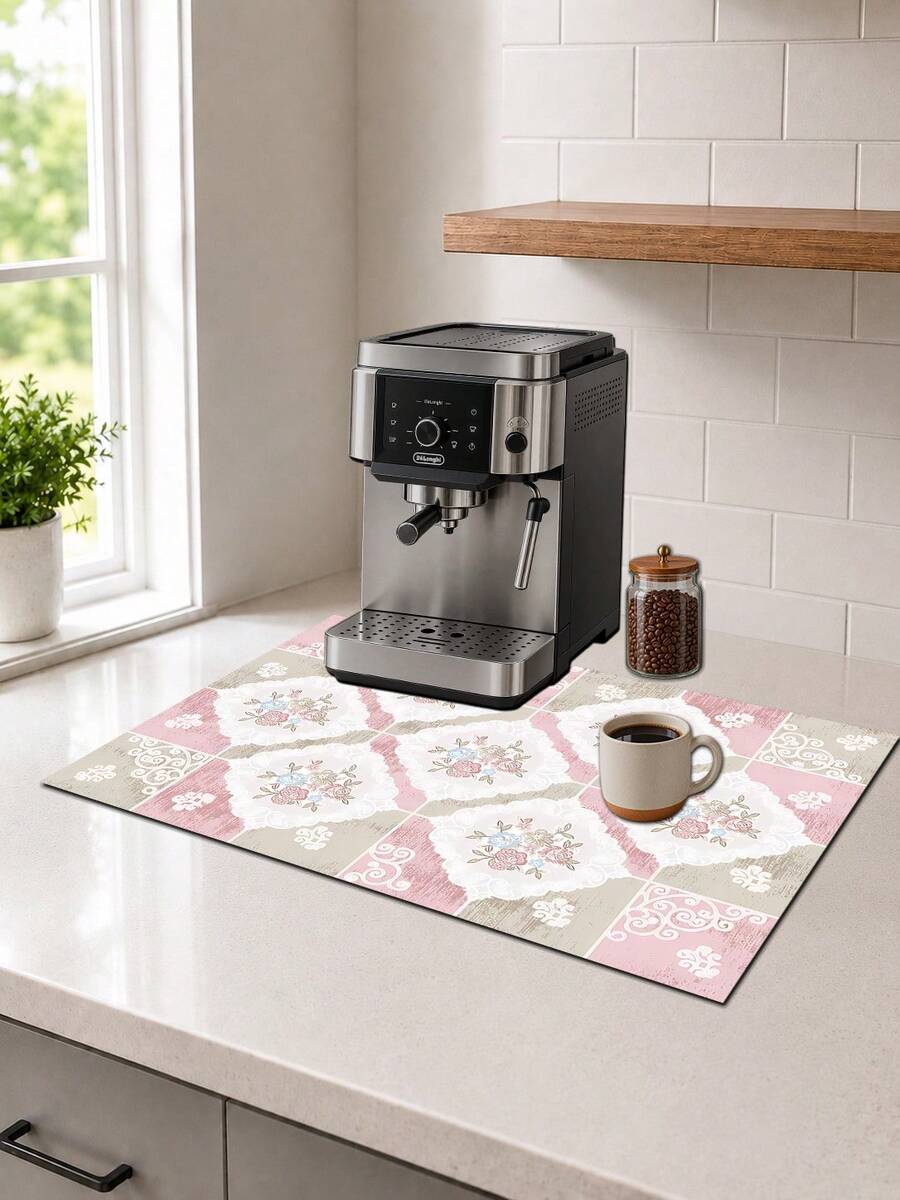 1pc, Vintage Square Pattern Printed Diatomaceous Earth Kitchen Drying Mat, Absorbent Dish Drying Mat, Coffee Machine Mat, Dishwashing Mat, Sink Mat, Kitchen Countertop Protector, Suitable For Cups, Plates, Tableware And Kitchen Decor - Multicolor - View 1