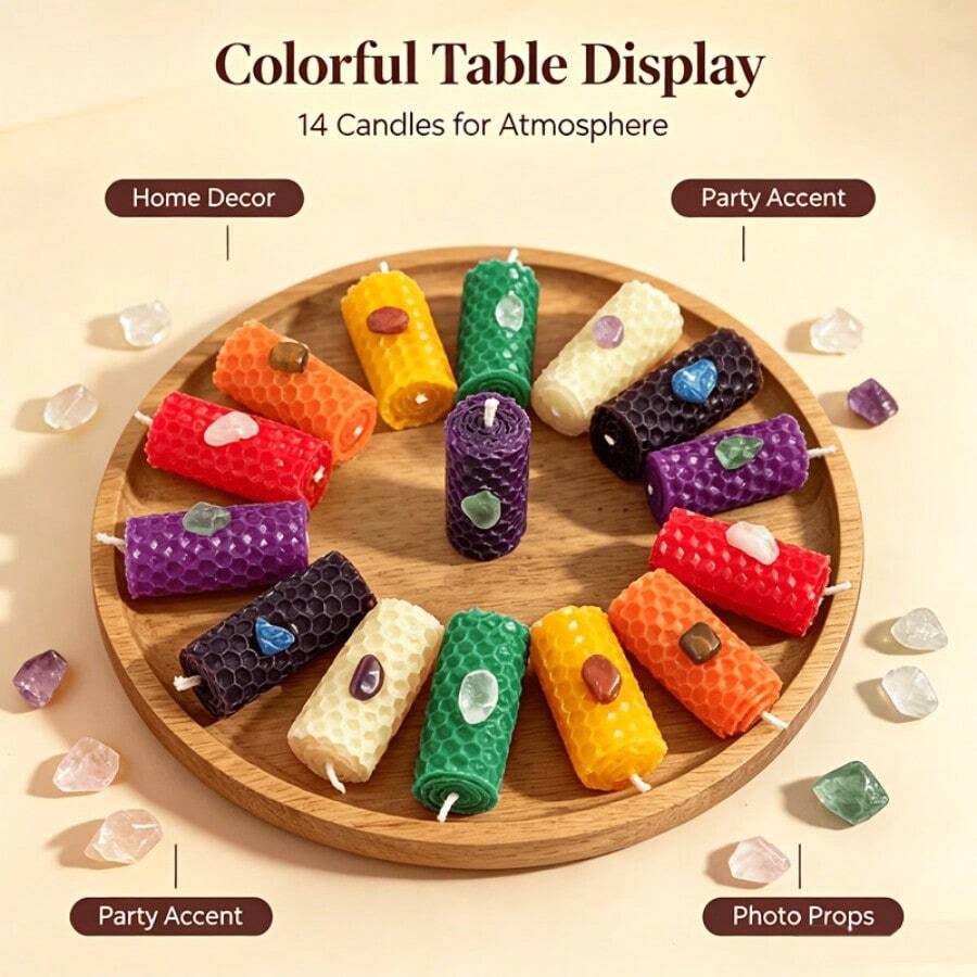 14 buah Lilin Kristal Chakra Gulung Buatan Tangan Kecil Ukuran 1,97x0,79 Inci, Lilin Tekstur Sarang Lebah Berwarna-warni dengan Batu Kristal Tertanam, Set Lilin Mini Portabel Cocok untuk Meja Dalam Ruangan, Dekorasi Liburan, Hadiah untuk Teman - set-A - View 1