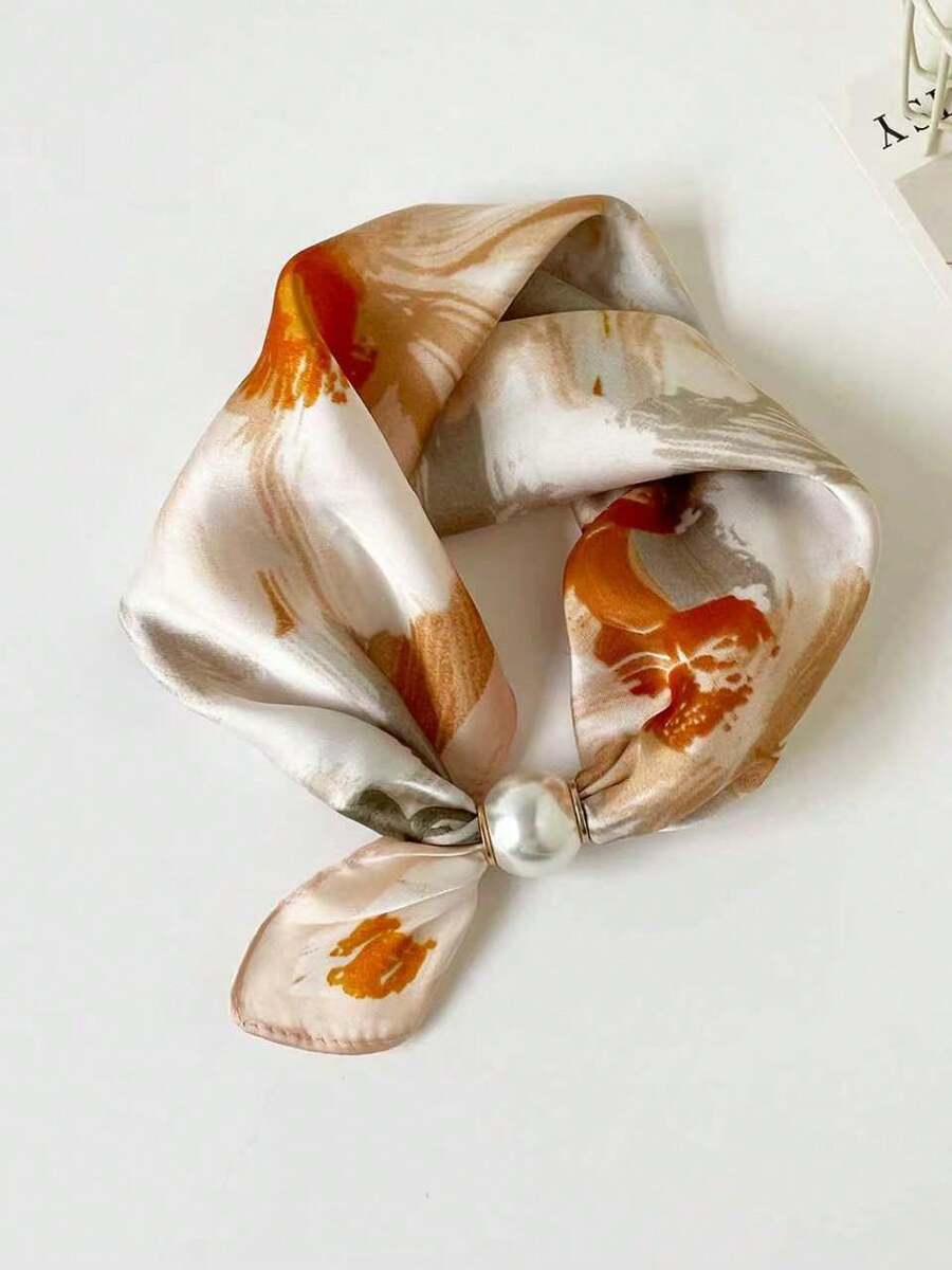 1pc Premium Large Pearl (2.5CM Diameter) Magnetic Buckle Scarf Necklace, Neck Ring Scarf Slouchy Necklace Style Printed Scarf, Lightweight Versatile Accessory For Spring/Summer - Multicolor - View 1