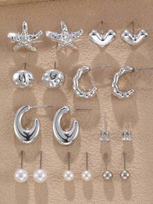 NAIZHU Set Anting-Anting Anak-Anak Motif Hati Geometris Metalik 9 Pasang, Cocok untuk Pemakaian Sehari-hari, Aksesori Pesta, dan Hadiah. - Perak - View 6