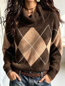Plus Size Casual Fashion Colorblock Argyle Long Sleeve Knit Pullover Sweater - Brown - View 3