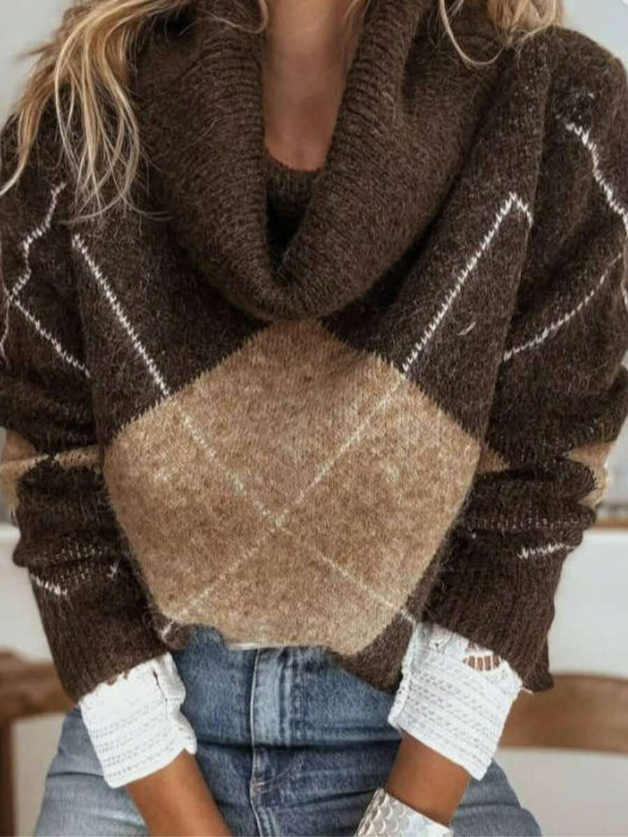 Plus Size Casual Fashion Colorblock Argyle Long Sleeve Knit Pullover Sweater - Brown - View 1