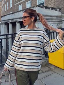 VIBEWAVE Color Block Striped Crew Neck Knit Pullover, Pink White Wine Red, Drop Shoulder Wide Sleeve, Relax Casual Sweater - Apricot - View 5