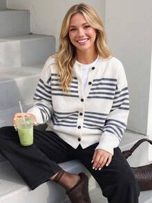 New Autumn/Winter Women's Minimalist Casual Striped Crew Neck Cardigan Sweater - Beige - View 1