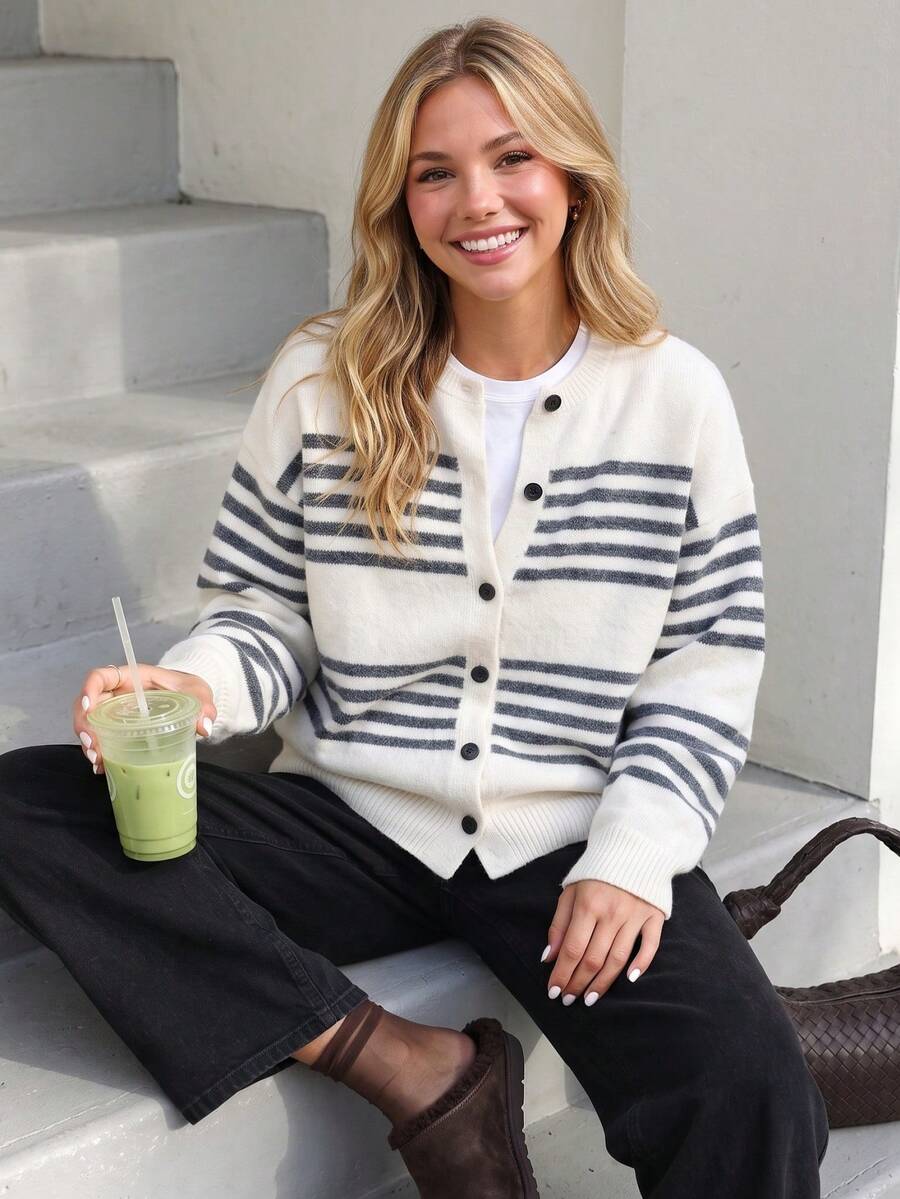 New Autumn/Winter Women's Minimalist Casual Striped Crew Neck Cardigan Sweater - Beige - View 1