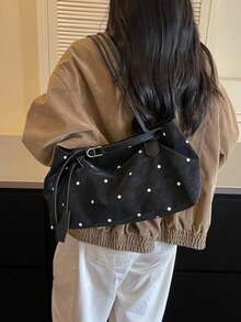 1pc Vintage Rivet Large Capacity Tote Bag, Commuter Oversized Underarm Bag, Fashion Motorcycle Bag, PU Matte Leather, Shoulder Strap, Zipper Closure, Women's Work/School/Travel/Shopping/Business Shoulder Bag, Suitable For Daily Use - Black - View 5