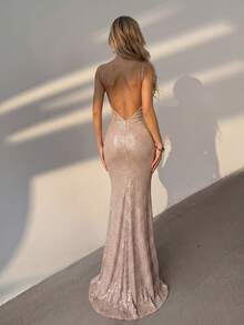 Women's Elegant Sequin Long Dress, Sexy Deep V-Neck Backless Spaghetti Strap Mermaid Tail Evening Gown, Formal Party Dress, Birthday Party Dress, Wedding Dinner Dress - Champagne - View 6