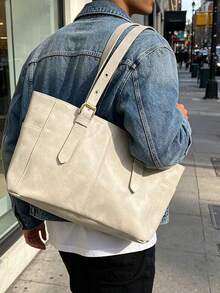 Tas Tote Vintage Pria, Tas Bahu Kerja Kapasitas Besar, Tas Tangan Kantor Bisnis dengan Tali Gesper yang Dapat Diatur untuk Perjalanan Sehari-hari - Krem - View 6