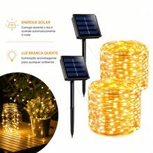Cordão de Luz Solar Fio de Cobre 22m LED, Luz Colorida/Branco Quente/Branco Frio, À Prova D'água, Decoração Natal, Ano Novo, Jardim e Festa - Cordão de luzes de fio de cobre movido a energia solar com 22 metros de comprimento - Visão 3