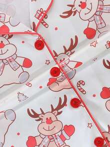 Children's Christmas Cartoon Deer All-Over Print Breathable Comfortable Turn-Down Collar Button-Up Pajama Set Long Sleeve Long Pants For Girls - Multicolor - View 6