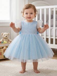 Baby Girl Light Blue Princess Dress, Floral Embroidery Lace Ruffle Sleeve, Glitter Star Tulle Skirt, Large Bow Back, Birthday Wedding Party Photo Style - Blue - View 5