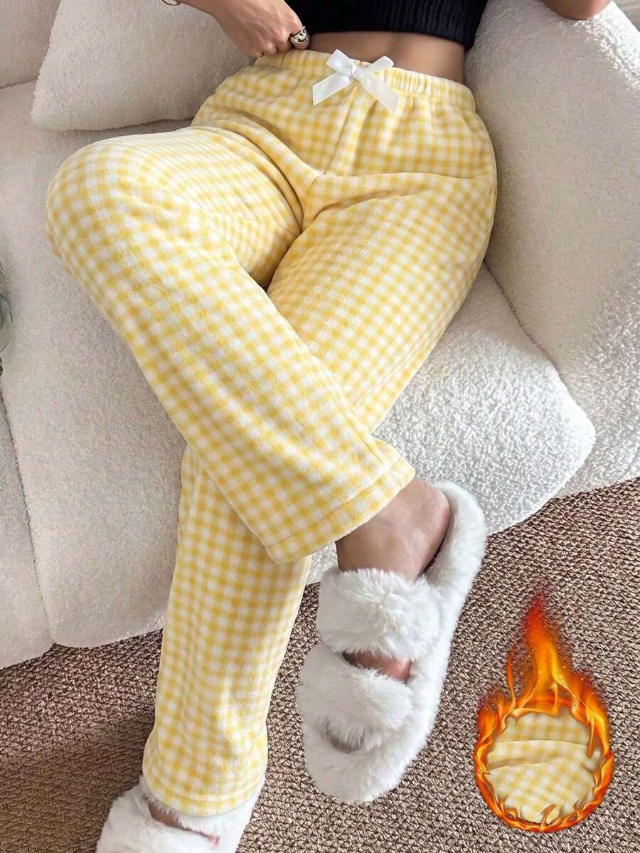 1pc Women's Dual-Color Plaid Print Soft Comfortable Flannel Thermal Lined Pajama Pants, Autumn/Winter - Yellow - View 1