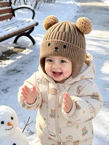 1pc Infant Ribbed Knitted Earflap Beanie , Cute Double Pom Pom Bear Ear Decor Winter Warm Toddler Hat Suitable For 1-3 Years Old Outdoor Use - Multicolor - View 9