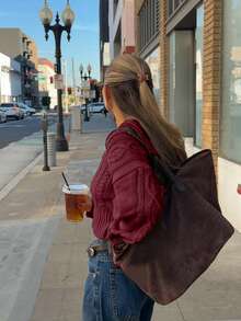 Senya Autumn/Winter New Vintage Oversized Lapel Double Zipper Cable Knit Cardigan, Short Length For Daily Commute Fall - Burgundy - View 3