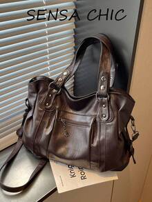 Tote Bag With Metal Rivets And Hardware Decoration, Hand-Carry, Shoulder, And Crossbody Options, Zipper Closure, Vintage Distressed Soft Leather Style, Large Capacity, Suitable For Women's Commuting, Travel, And Daily Use - Coffee - View 1