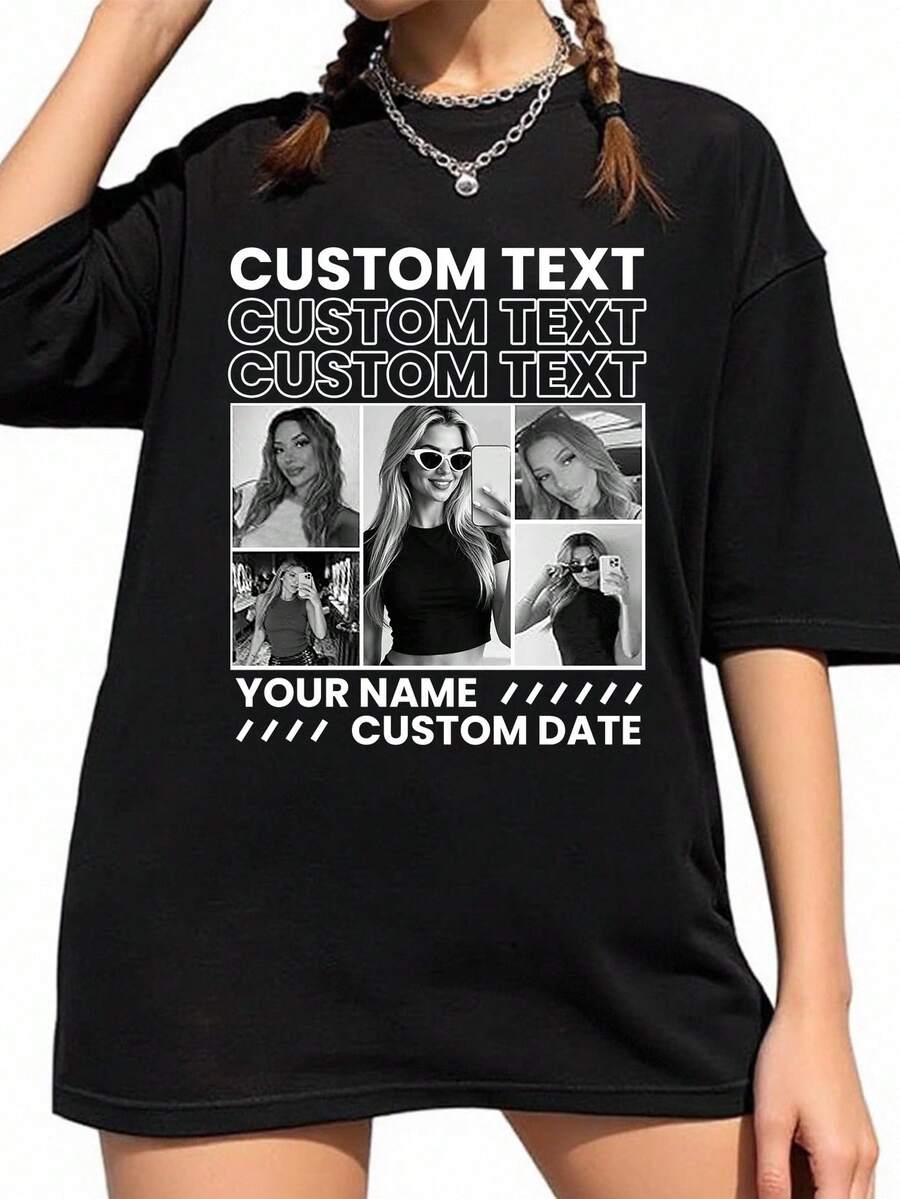 Personalized Women's Vintage Bell Sleeve T-Shirt, Custom Photo And Text Print Graphic Tee Black Summer, Boho Chic - Black - View 1