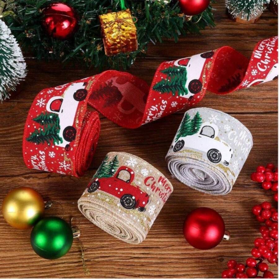 1 Roll Christmas Ribbon - 2 Inch X 5 Yards, Red Linen Grey Christmas Tree Pattern, Vintage Style, Suitable For DIY Wreaths, Gift Wrapping And Decoration - Multicolor - View 1