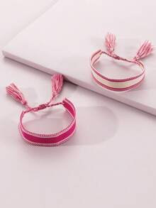 NAIZHU 2 buah Gelang Anak-anak Gaya Bohemian Anyaman Bordir yang Dapat Diatur Ukurannya, Hadiah Persahabatan - Hot Pink - View 3