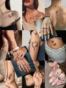 20pcs Black Small Pattern Waterproof Temporary Tattoo Stickers, Floral, Butterfly, Feather, English Letter, Moon And Other Designs, Easy To Use, Water-Resistant And Sweat-Proof, Suitable For Arms, Legs, Neck, Shoulders, Festivals, Beach, Travel, Parties And Daily Decoration - Black - View 2