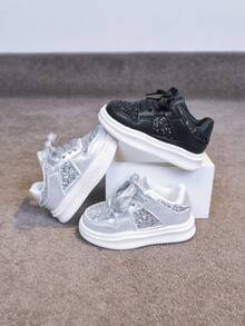 Children's Glitter Sequin Sneakers, White Thick Sole, Hook-And-Loop, Unisex, Versatile Eye-Catching Casual Shoes, Spring/Autumn - Black - View 6