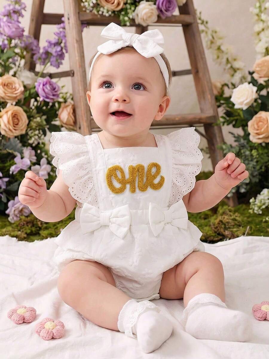 Baby Girl 2pcs Set Casual Cute Floral Pattern Letter Embroidery Ruffle Bow Decor Romper With Headband, Suitable For Daily Wear And Party - White - View 1