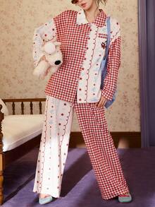 Gongdie 2 Pieces Disney Mickey Women's Pajama Set,Spring Fall Red Gingham Soft Cotton Loungewear With Pocket - Red - View 3