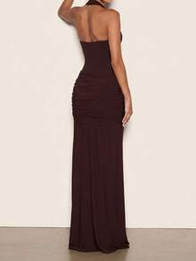 Elegant Summer Sexy Fashion Halter Backless Brown Ruched Long Maxi Bodycon Dress Evening Party Dress - Brown - View 10