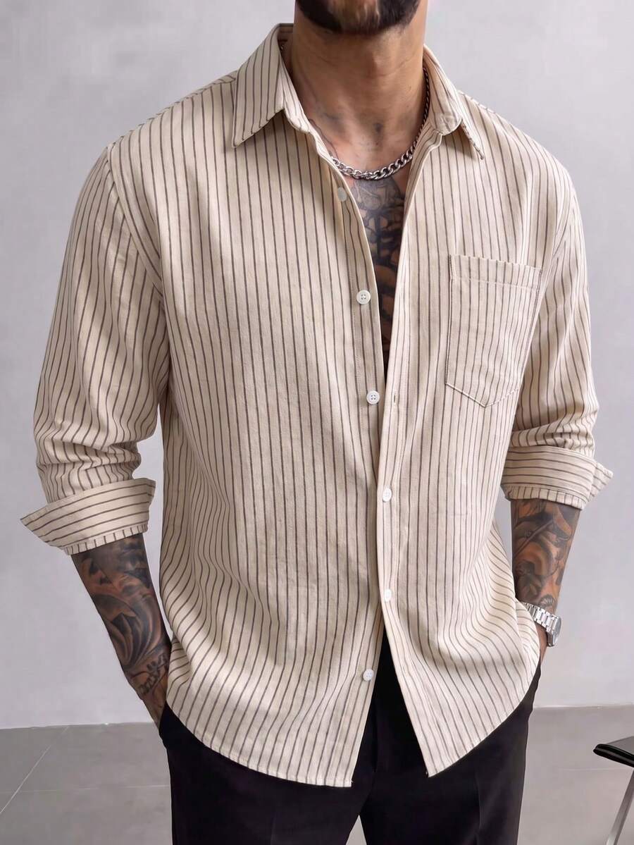 Men's Versatile Striped Long Sleeve Single-Breasted Casual Pocket Shirt - Multicolor - View 1