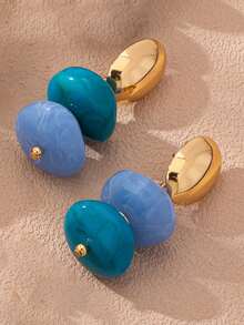 1pc Women's Vintage Marble Pattern Resin Pendant Earrings, Gold-Plated Double-Layer Oval Exaggerated Style Multi-Color Fashion Jewelry Gift - Irregular - View 4
