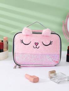 1pc Plush Cute Girl Style Makeup Bag, 3D Cat Ear Design With Cat Pattern, Suitable For Spring Summer Autumn Winter All Seasons, Ideal For Business Travel, Home Use, Student Dorm, Graduation Gift, Vacation Season, Cosmetic Storage, Birthday Gift And Various Holiday Gifts - Multicolor - View 5