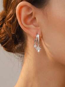 Minimalist Luxury Octagonal Star Double Star Wide Face Zirconia Earrings, High-End Niche Design Jewelry - Silver - View 5