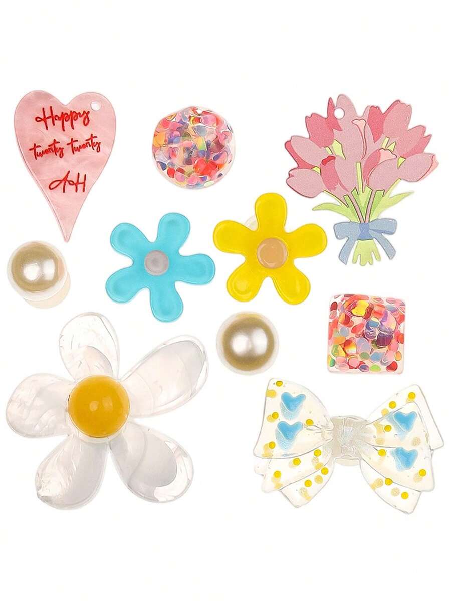10pcs Spring Fresh Acrylic Clog Shoe Charms Tulip Bouquet Colorful Flower Bow DIY Shoe Buckle Set - Multicolor - View 1