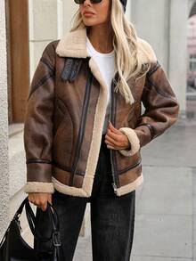 Women's Winter Faux Shearling Collar Warm Lambswool Flight Jacket - Dark Brown - View 4