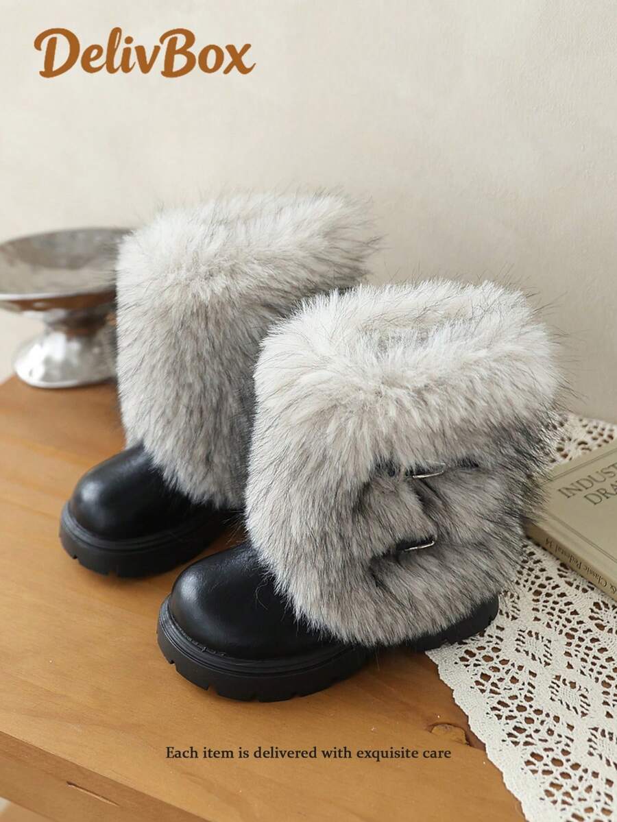 Girls' Mid-Calf Fur Boots With Large Fur Collar, Thickened Fleece Lining, Metal Buckle, Snow Boots, Thick Sole, Non-Slip, Warm Winter Shoes For Toddlers - Black - View 1